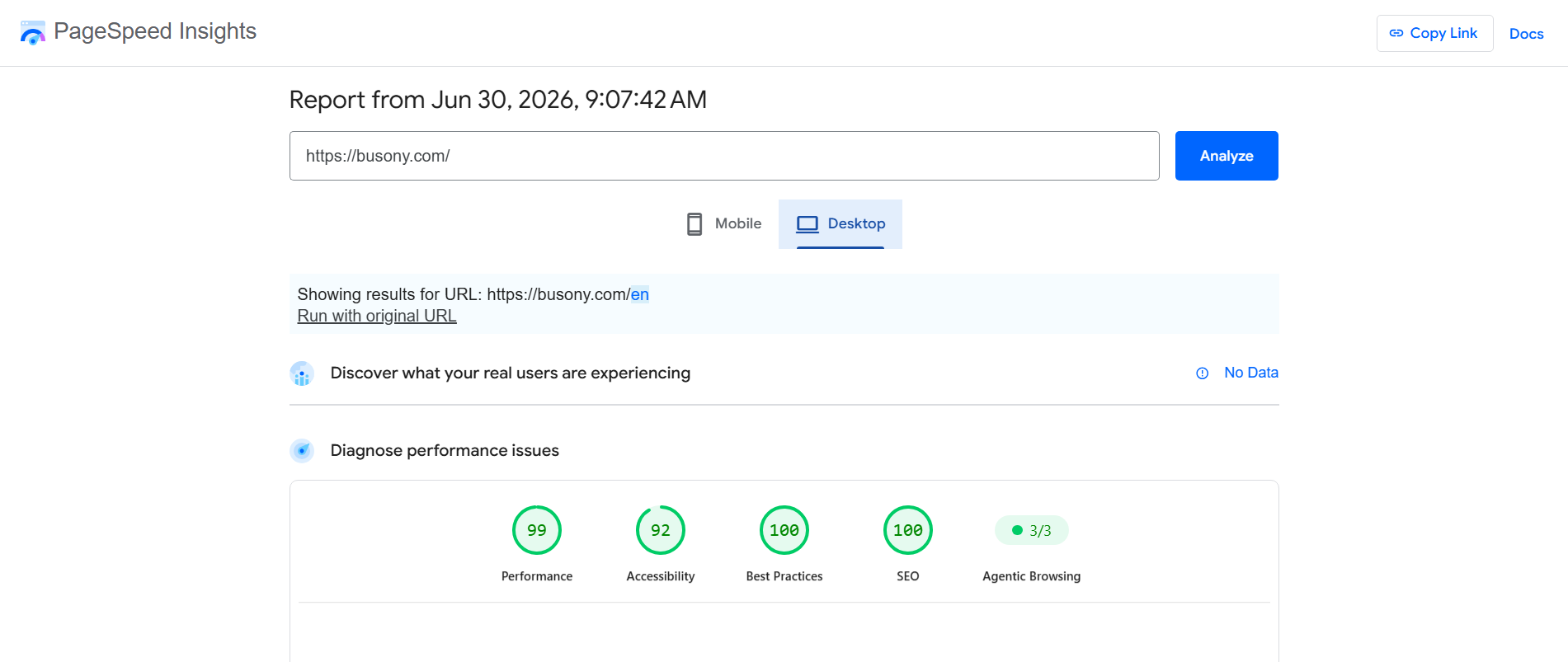 PageSpeed Insights busony.com — Agentic Browsing 3/3